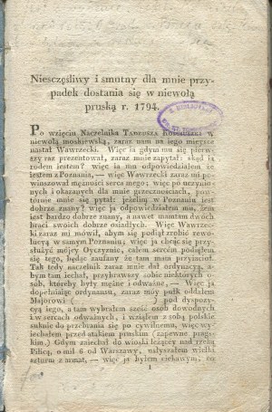 KILIŃSKI Jan - Nieszczęśliwy i smutny dla mnie przypadek dostania się w niewolę pruską r. 1794 [wydanie pierwsze Brzeg 1829]