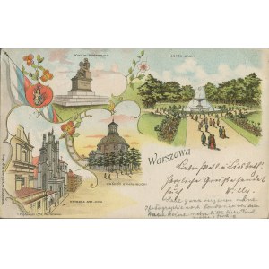[pocztówka] Warszawa. Pomnik Kopernika, Ogród Saski, katedra św. Jana, kościół ewangelicki [1898]