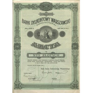 Warsaw Discount Bank. Shares worth 100 zlotych with coupons [1926]