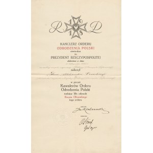 Krzyż Oficerski Orderu Odrodzenia Polski. Dyplom nadania Aleksandrowi Lewickiemu [1927]