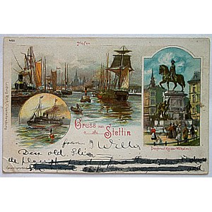 [SZCZECIN]. Greetings from Stettin. Three views: Hafen—Panorama of the harbor, Monument to Emperor Wilhelm I...
