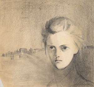 Emilia KNAUSÓWNA (1883-1924), Głowa kobiety (autoportret?) na tle pejzażu