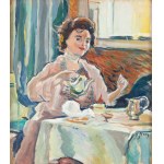 Olga Słomczyńska (1881 Vevey - 1941 Paryż), Kobieta pijąca herbatę (recto)/ Pejzaż miejski z drzewem (verso)