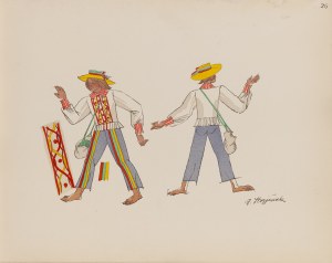 Zofia Stryjeńska (1891 Kraków - 1976 Genewa), Stroje ludowe z Kujawskiego, plansza XXVIII z teki 'Polish Peasants' Costumes', 1939