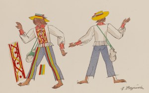 Zofia Stryjeńska (1891 Kraków - 1976 Genewa), Stroje ludowe z Kujawskiego, plansza XXVIII z teki 'Polish Peasants' Costumes', 1939
