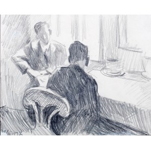 Stanisław Kamocki (1875 Warszawa - 1944 Zakopane), Scena we wnętrzu, rozmowa mężczyzn, 1937 r.