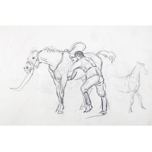 Karol Kossak (1896 Lwów-1975 Ciechocinek), Stajenny czyszczący konia, szkic konia (praca dwustronna), 1922 r.
