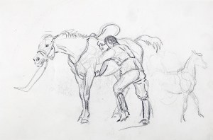 Karol Kossak (1896 Lwów-1975 Ciechocinek), Stajenny czyszczący konia, szkic konia (praca dwustronna), 1922 r.