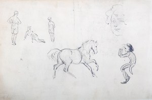 Karol Kossak (1896 Lwów-1975 Ciechocinek), Szkic konia, głowy kobiecej, praca dwustronna