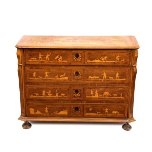 Walnut chest of drawers with figurative inlays - Piedmont, 18th century