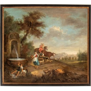 Francesco Zuccarelli (seguace di) Landscape with fountain, shepherds and flocks -
