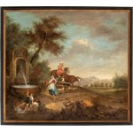 Francesco Zuccarelli (seguace di) Landscape with fountain, shepherds and flocks -