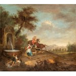 Francesco Zuccarelli (seguace di) Landscape with fountain, shepherds and flocks -