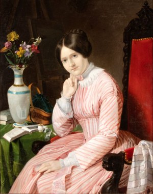 Jean Auguste Dominique Ingres (ambito di) Portrait of a Young Lady Seated with a Vase of Flowers - France, 19th century