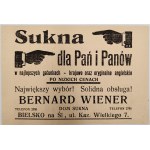 Advertisement - J. Jenkner, Tenement House - Bielsko (Pharmaceutical Factory) / B. Weiner, Cloth for Women and Men, Bielsko, Second Polish Republic era