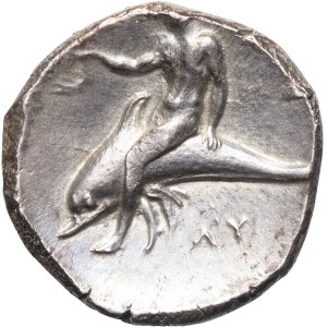 Calabria, Taranto. Didrachm, bearing the names of the magistrates Si-, Philokes, and Ly- ND (302–380 B.C.), Taranto.