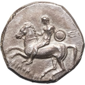 Calabria, Taranto. Didrachm, bearing the names of the magistrates Si-, Philokes, and Ly- ND (302–380 B.C.), Taranto.