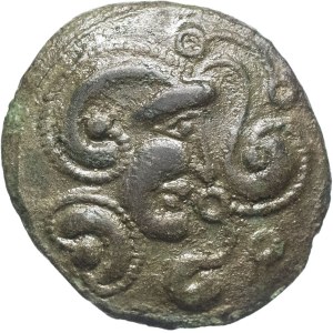 Bellovaques. Bronze coin featuring a rooster and a helmeted head, undated (second third of the 1st century B.C. and the Gallic Wars).