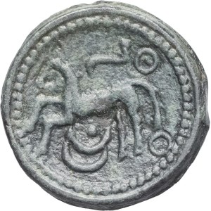 Parisii. Potin au cheval et au croissant, POT 27, classe 1c aux deux annelets, inédite ND (Guerre des Gaules et IIe moitié du Ier siècle avant J.-C.).