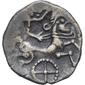 Armorique / Rédons. Statère au profil imberbe, classe I, var. 3, roue à 4 rayons ND (fin de la première moitié du Ier siècle avant J.-C. et Guerre des Gaules).