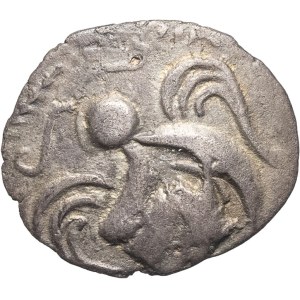 Aulerci Eburovices. Lamellar coin with the head of Pallas, var. 1 “with the seahorse,” undated (end of the Gallic Wars and pre-Augustan period).