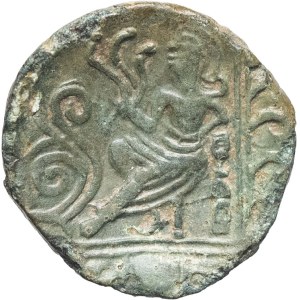 Carnutes. PIXTILOS bronze coin, Class V, featuring a bearded head and a seated goddess (reverse), second half of the 1st century, c. 30–10 BCE.