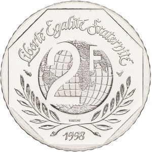 Fifth Republic (1958–present). 2-franc trial coin by René Cassin, 1998, Pessac.