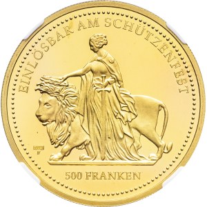 Zurich (canton of). 500 francs “Una and the Lion,” cantonal shooting competition, burnished flan (PROOF) 2002, Le Locle (Huguenin frères).