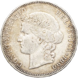 Swiss Confederation (1848–present). 5 francs, Head of Helvetia, 1890, B, Bern.