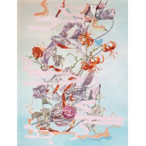 Monika Malewska (b. 1974), *Pigeon Skeletons: Composition with Orange Lilies, Ribbons, and Spray Paint*, 2020