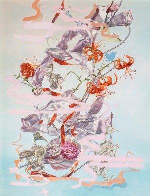 Monika Malewska (ur. 1974), Pigeon Skeletons Composition with Orange Lilies, Ribbons and Spray Paint, 2020