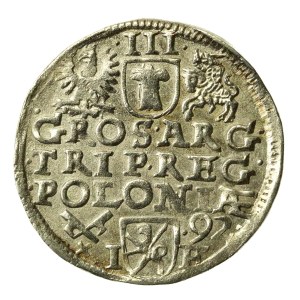 Sigismund III Vasa, 1592 trojak, Poznań—low crown, date on the left (218)