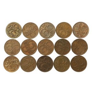 Druhá poľská republika, súprava 5 groszy z rokov 1923–1939. Celkom 15 ks. (913)
