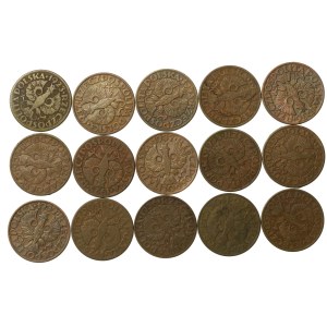 Druhá poľská republika, súprava 5 groszy z rokov 1923–1939. Celkom 15 ks. (913)