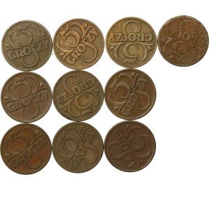 Druhá poľská republika, súprava 5 grošov 1925–1939. Celkom 10 ks. (914)