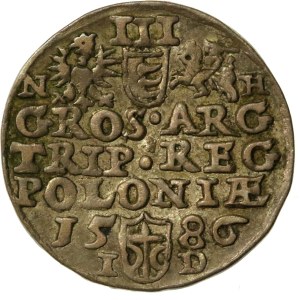 Stefan Batory, Trojak 1586, Olkusz - N-H next to the coats of arms (1035)