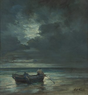 Marian Mokwa (1889 Malary - 1987 Sopot), Nokturn z łódzią na morzu