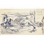 Adam Marczyński (1908 Kraków - 1985 Kraków), Rybacy suszący sieci (recto) / Szkic postaci i architektury (verso)