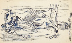 Adam Marczyński (1908 Kraków - 1985 Kraków), Rybacy suszący sieci (recto) / Szkic postaci i architektury (verso)