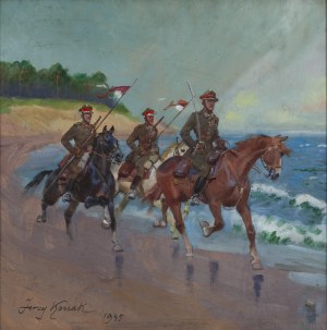 Jerzy Kossak (1886 Kraków - 1955 Kraków), Ułani jadący plażą, 1945