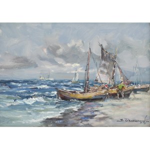 Eugeniusz Dzierżencki (1905, Varsovie - 1990, Sopot), Paysage marin avec des bateaux