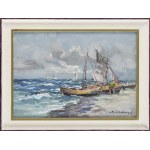 Eugeniusz Dzierżencki (1905, Varsovie - 1990, Sopot), Paysage marin avec des bateaux