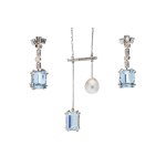 Necklace and earrings with aquamarines, diamonds, and a pearl; second half of the 20th century, France