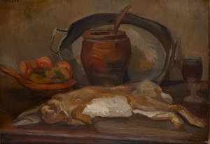 Henryk Epstein (1891 Łódź - 1944 obóz koncentracyjny, prawdopodobnie Auschwitz), Martwa natura z miską owoców i zającem, lata 20. XX w.