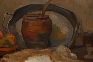 Henryk Epstein (1891 Łódź - 1944 obóz koncentracyjny, prawdopodobnie Auschwitz), Martwa natura z miską owoców i zającem, lata 20. XX w.