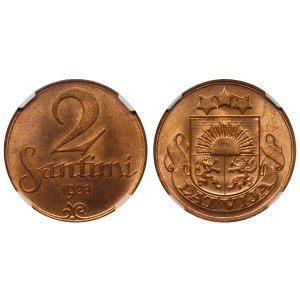 Latvia, 2 Santimi, 1928 year, NGC, MS 64 RD