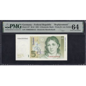 Německo (GFR), 5 německých marek, 1991, výborný stav UNC 64, náhradní exemplář