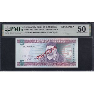 Lithuania, 5 Litai, 1993, About UNC 50, ''SPECIMEN''
