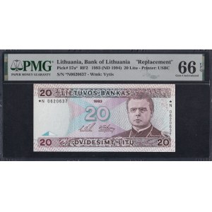 Litauen, 20 Litu, 1993 (1994), Gem UNC 66 EPQ, Ersatz