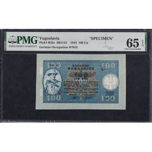 Yugoslavia, 100 Lir, 1944, Gem UNC 65 EPQ, SPECIMEN